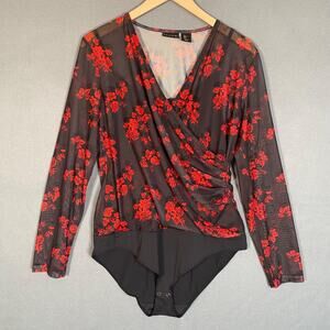 Tahari Womens‎ Dark Floral Wrap Bodysuit Size Large Sheer Whimsigoth Romantic